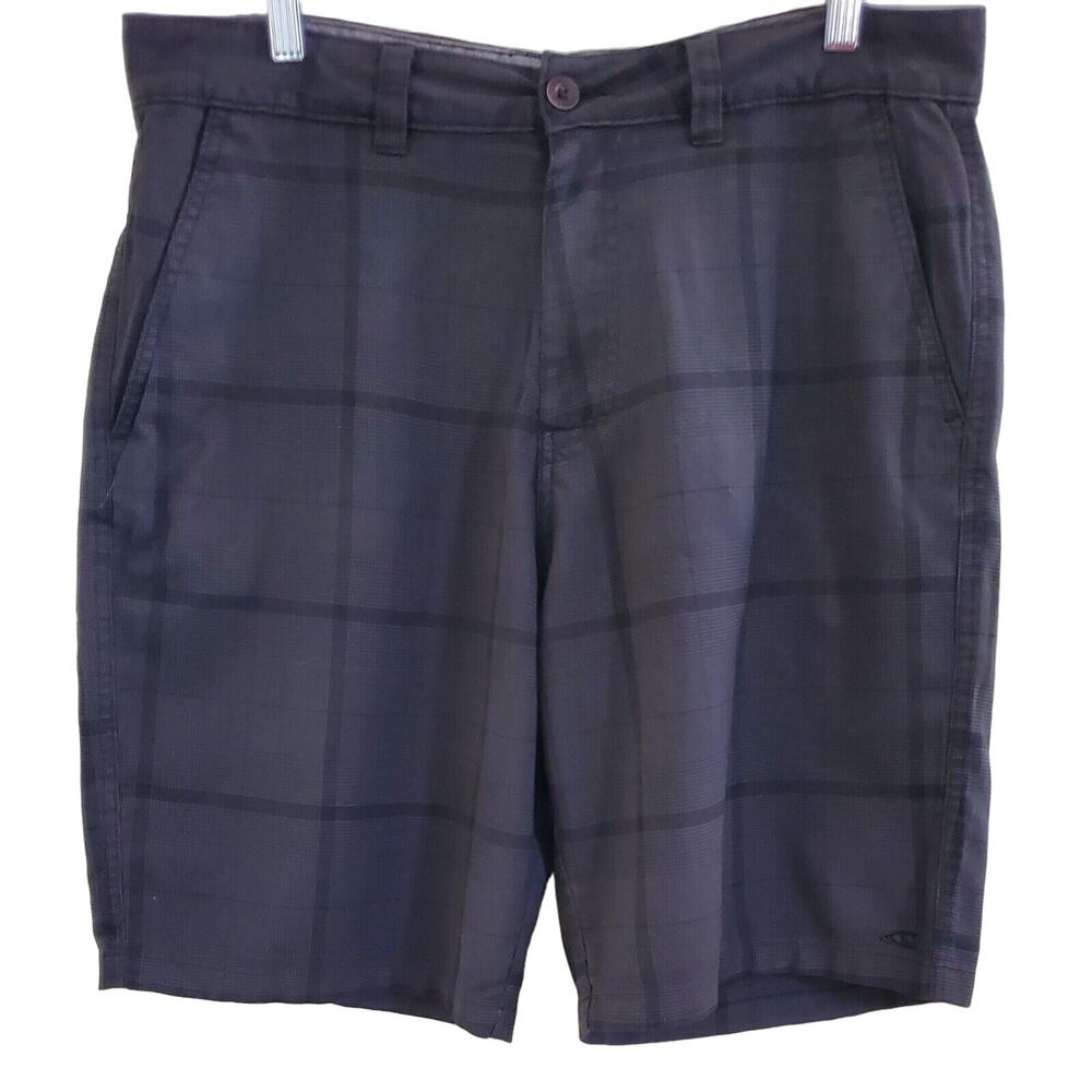 O'Neill Shorts Mens Size 34 Dark Gray Plaid Flat Front Bermuda 10 Inch Inseam
